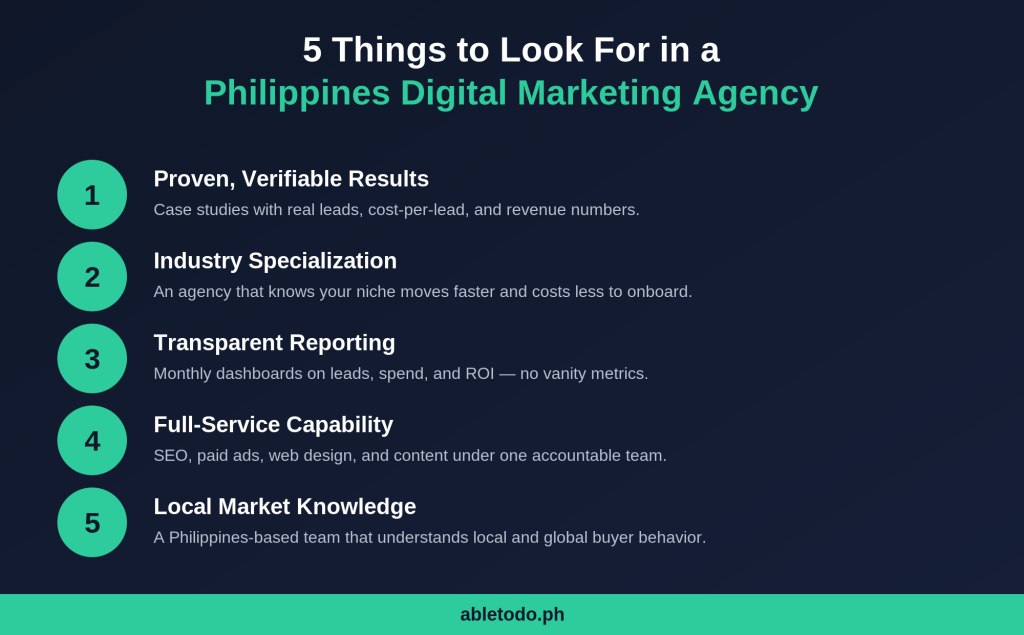5 things to look for in a Philippines digital marketing agency infographic